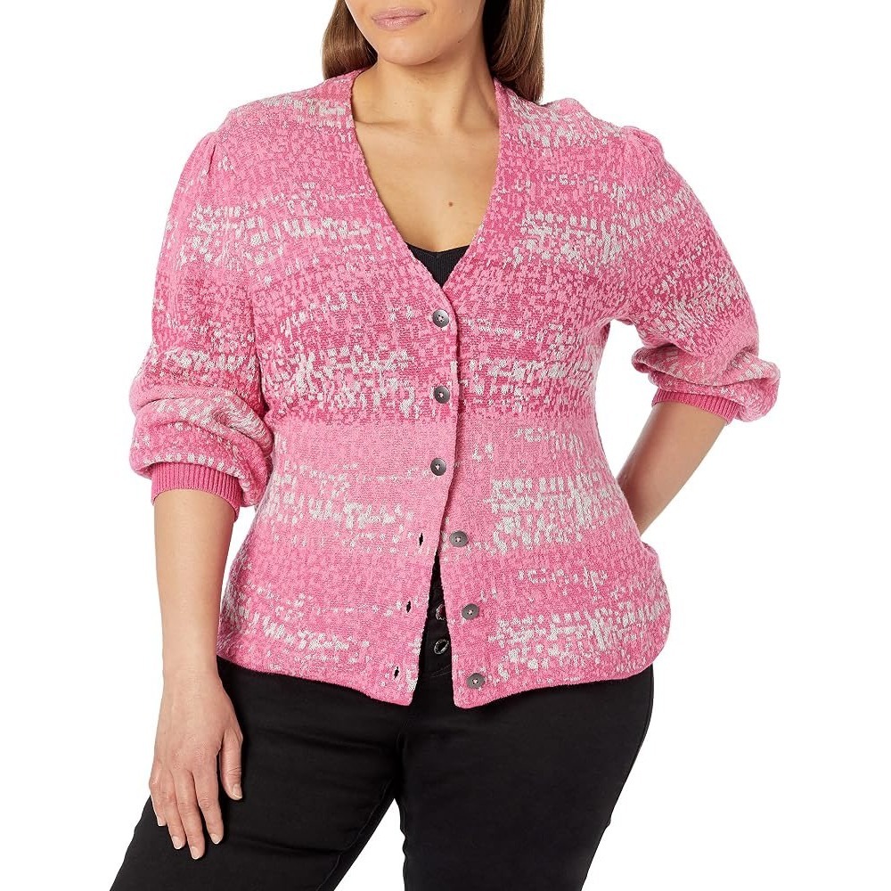 NIC+ZOE 2X Confetti Textured Jacquard Knit V-Neck Cardigan Puff Sleeve Sweater